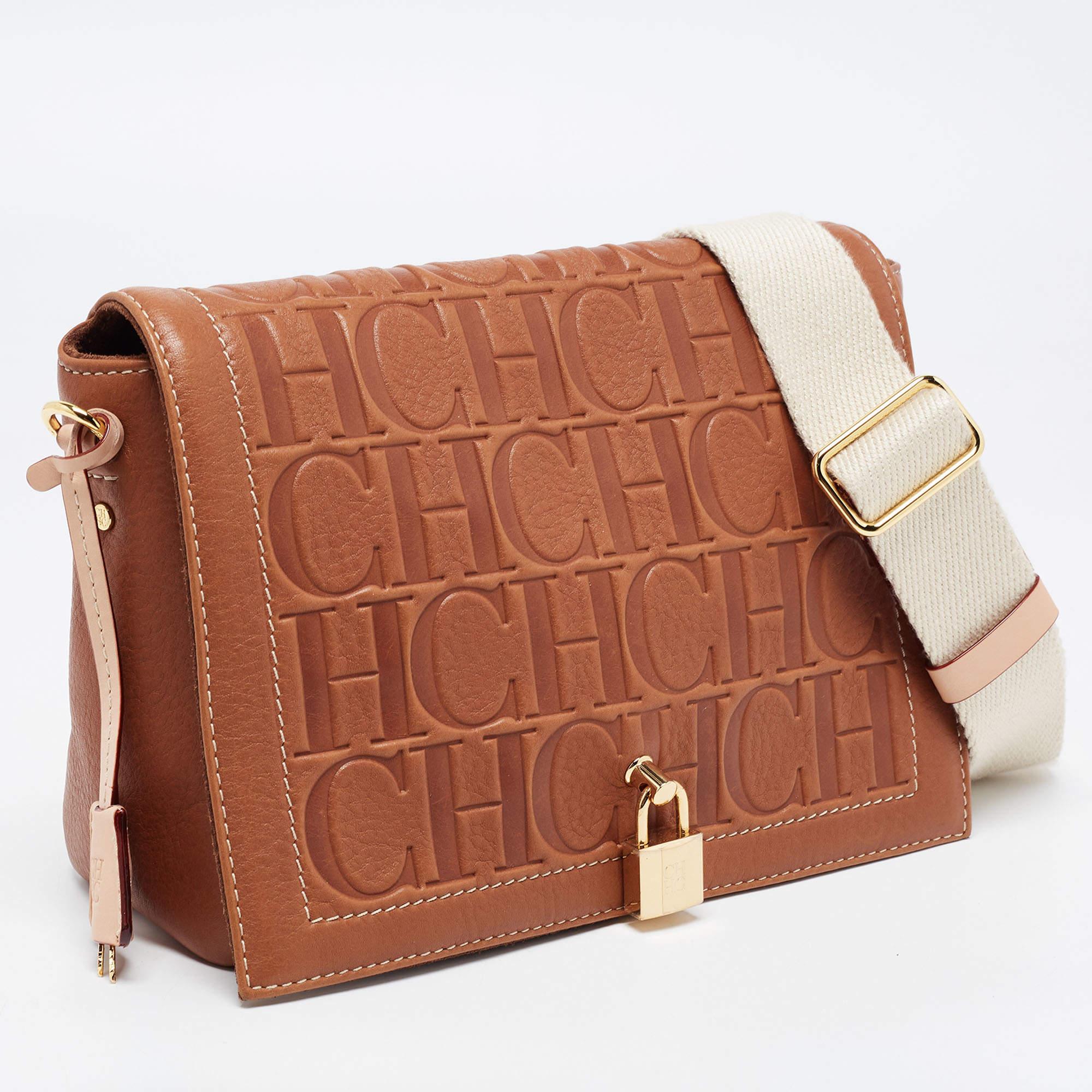 Women's Carolina Herrera Brown Monogram Leather Medium Andy Locked Crossbody Bag
