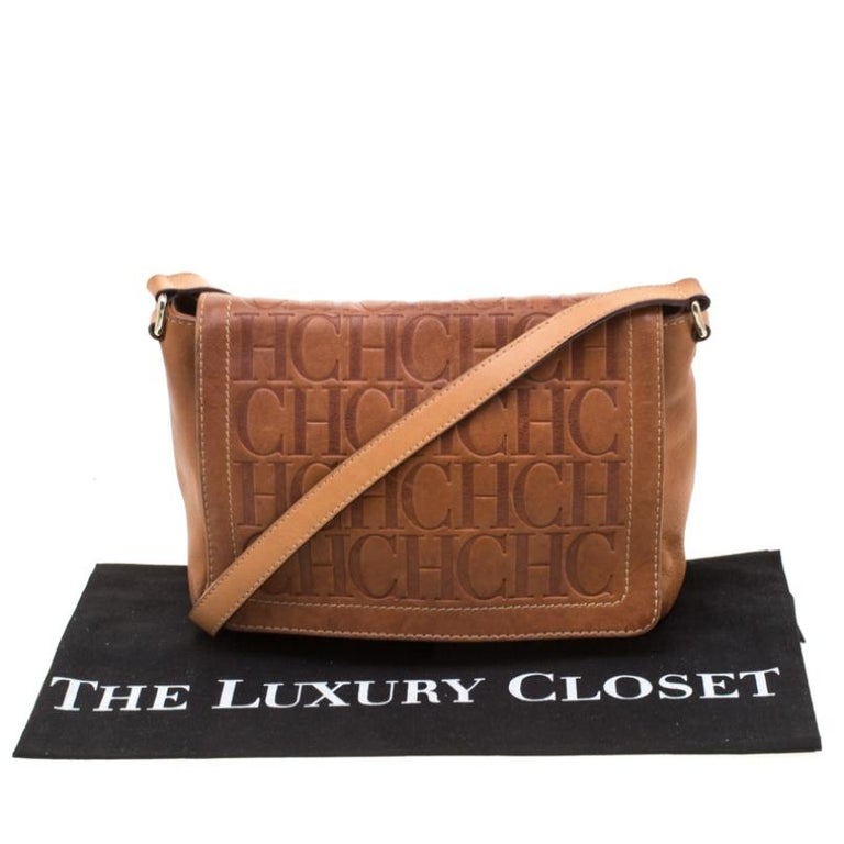 Carolina Herrera Brown Monogram Leather Shoulder Bag For Sale at 1stDibs