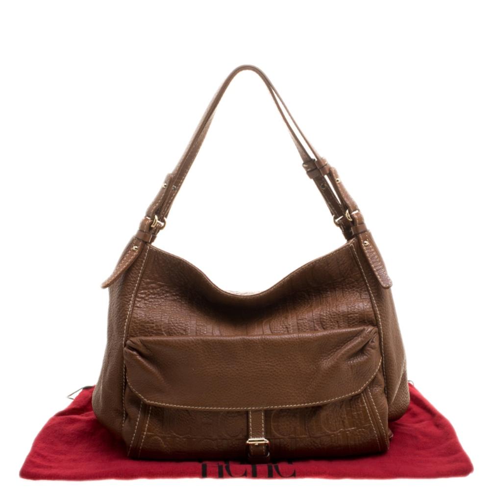 Carolina Herrera Brown Monogram Leather Shoulder Bag 7