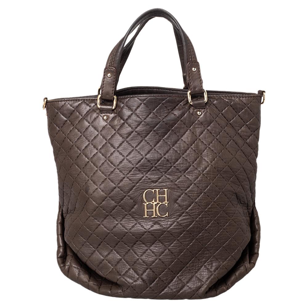 Carolina Herrera Brown Quilted Leather Tote For Sale