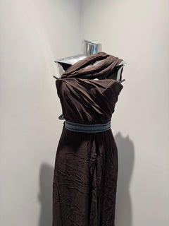 Carolina Herrera Brown Strapless Dress with Blue Tie Up Belt
