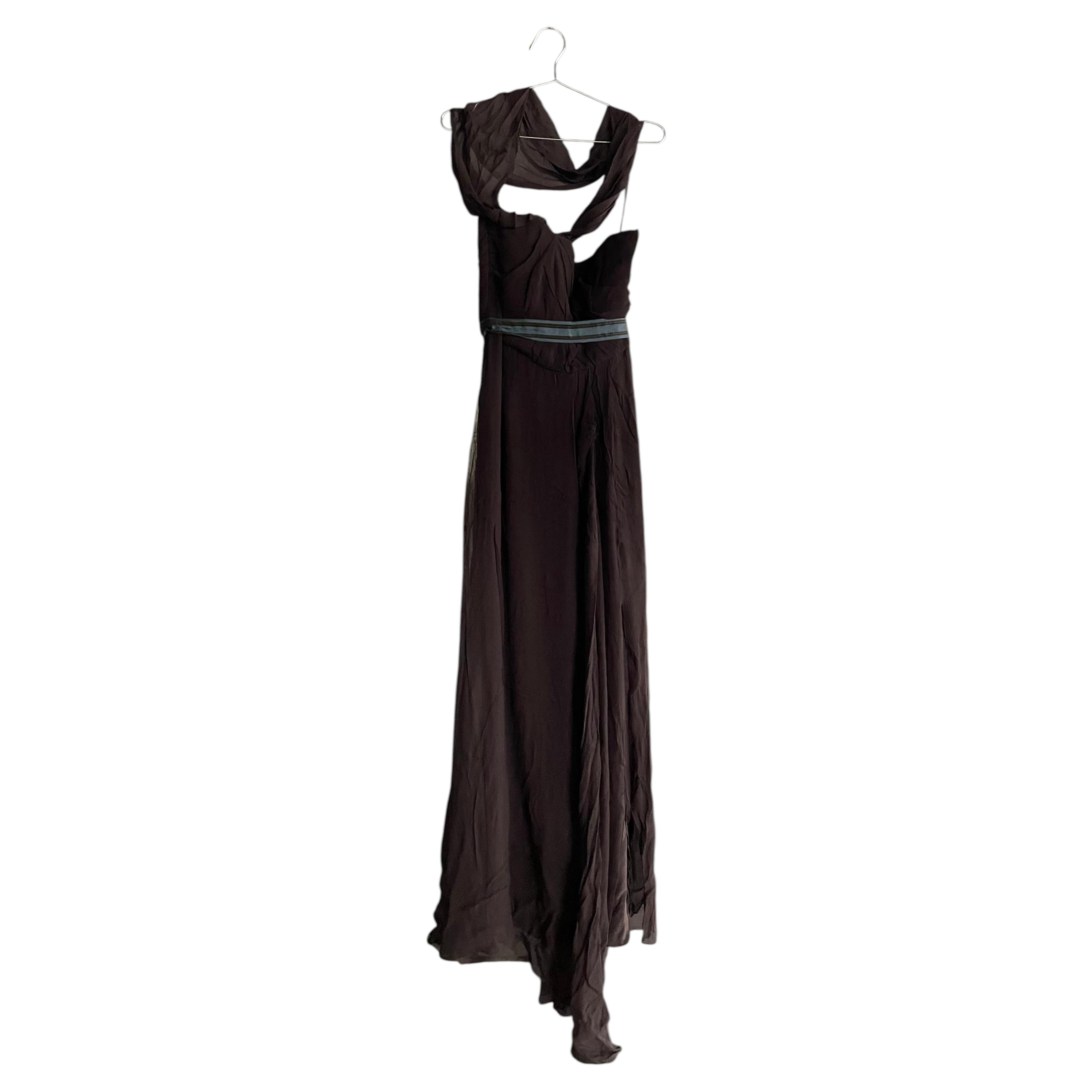Carolina Herrera Brown Strapless Dress with Blue Tie Up Belt