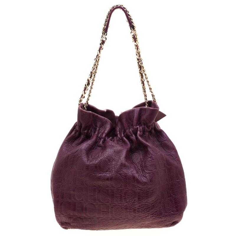 Carolina Herrera Burgandy Embossed Leather Bow Bucket Shoulder Bag 2