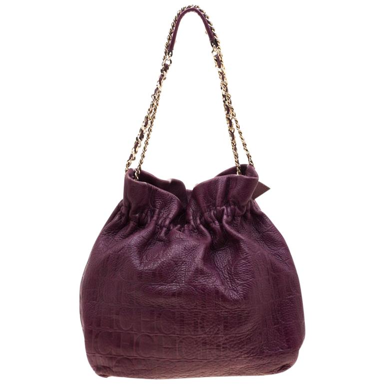 Carolina Herrera Burgandy Embossed Leather Bow Bucket Shoulder Bag