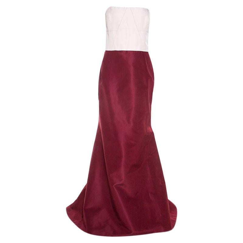 Carolina Herrera Burgundy and Pink Silk Strapless Gown XL