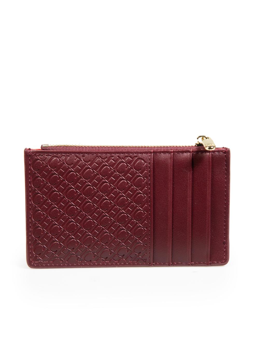 Brown Carolina Herrera Burgundy Leather Logo Embossed Cardholder