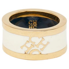 Carolina Herrera CH Cream Enamel Gold Tone Band Ring Size 54