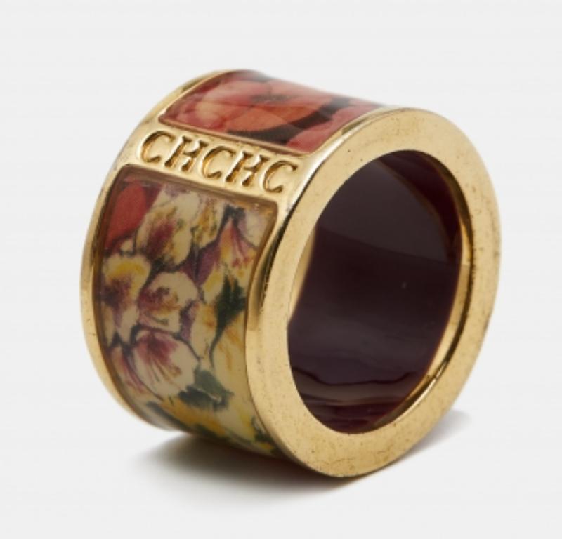 Carolina Herrera CH Enamel Gold Tone Ring Size 53 For Sale 1
