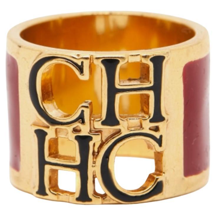 Bague Carolina Herrera CH émail ton or Taille 53 en vente