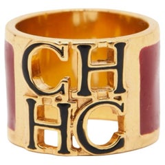 Carolina Herrera CH Enamel Gold Tone Ring Size 53