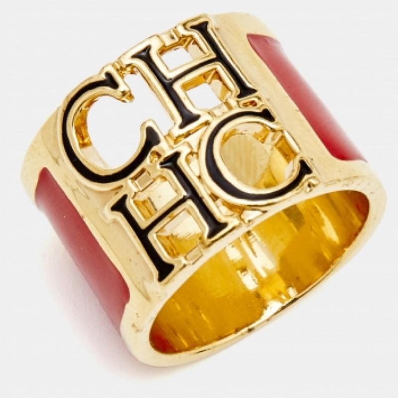 Carolina Herrera CH Emaille goldfarbener Ring Größe 54 im Zustand „Hervorragend“ im Angebot in Dubai, Al Qouz 2