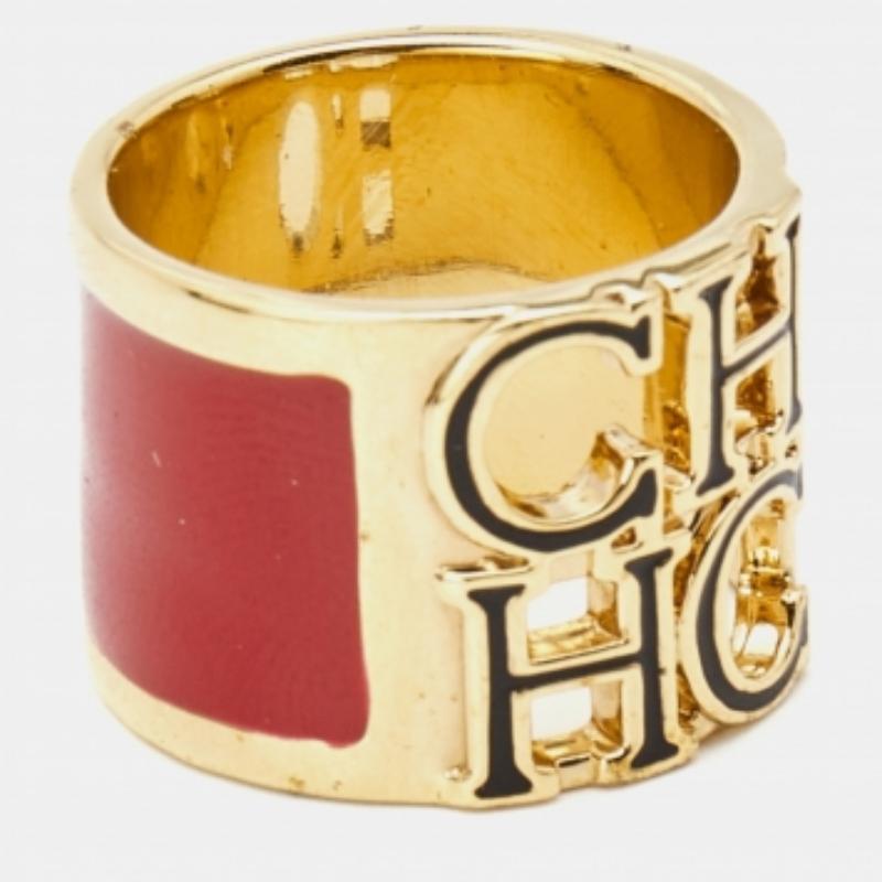 Carolina Herrera CH Emaille goldfarbener Ring Größe 54 Damen im Angebot
