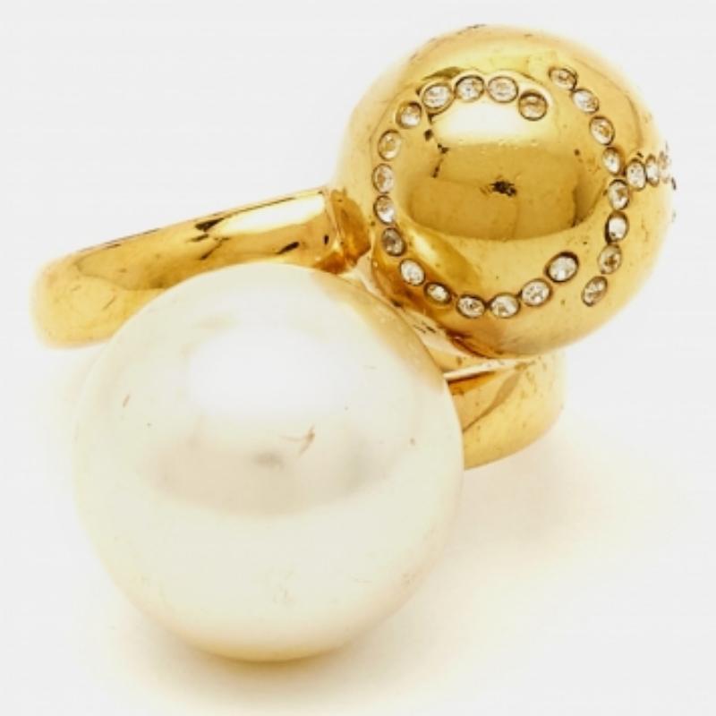 Carolina Herrera CH Anillo Tono Oro Cristal Perla Faux Talla 49 en venta 2