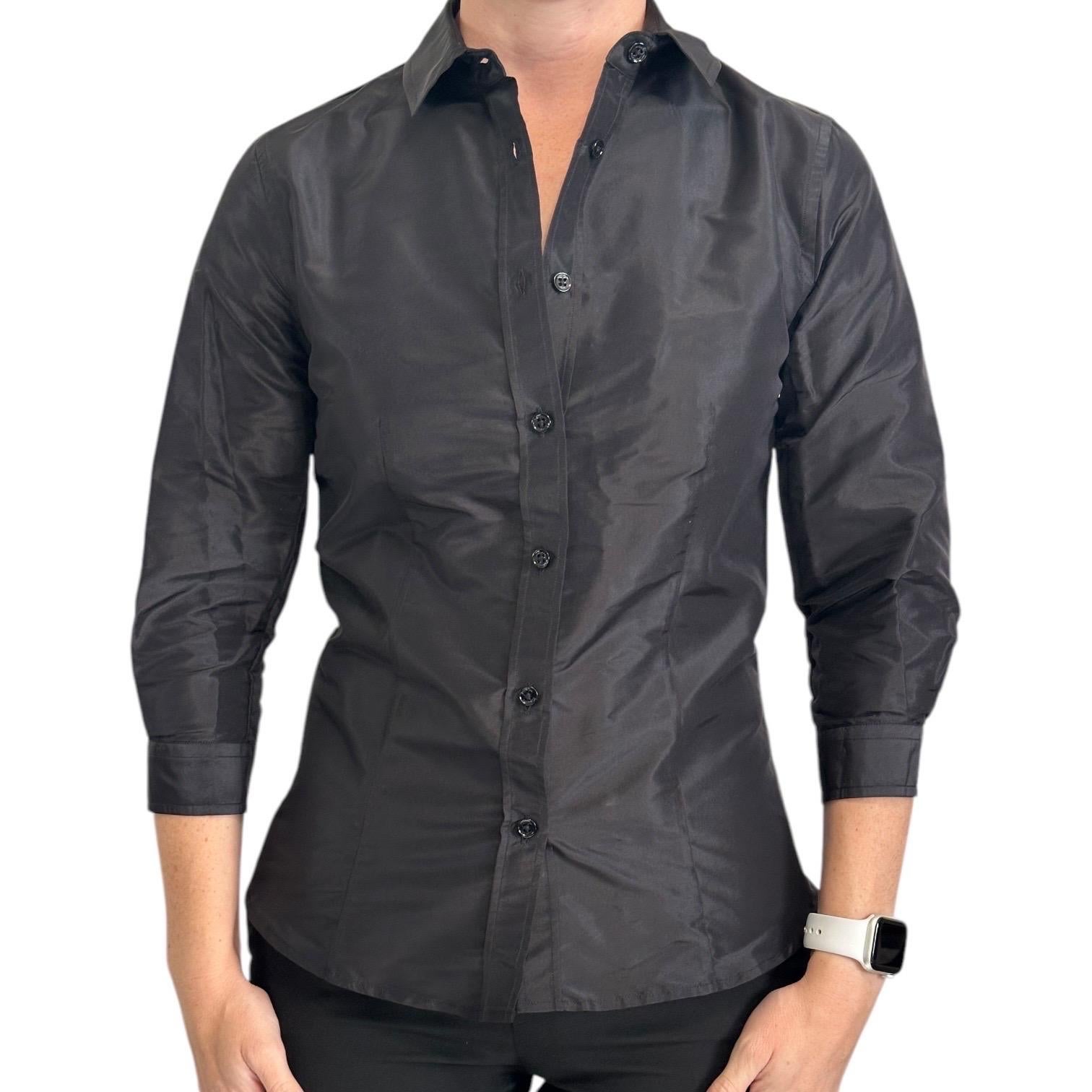 Carolina Herrera Classic Silk Taffeta Blouse Black US 2 Boutons sur le devant Manches 3/4 en vente