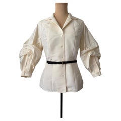 Carolina Herrera Cream Silk Faille Puffy Blouson Sleeve Belted Blouse size US 8