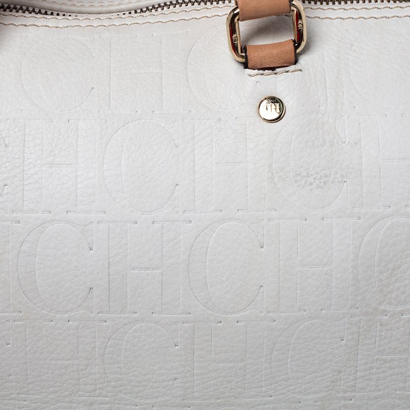 Carolina Herrera Cream/Tan Monogram Leather Large Andy Boston Bag 5
