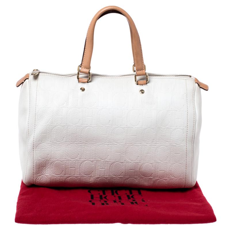 Carolina Herrera Cream/Tan Monogram Leather Large Andy Boston Bag 6