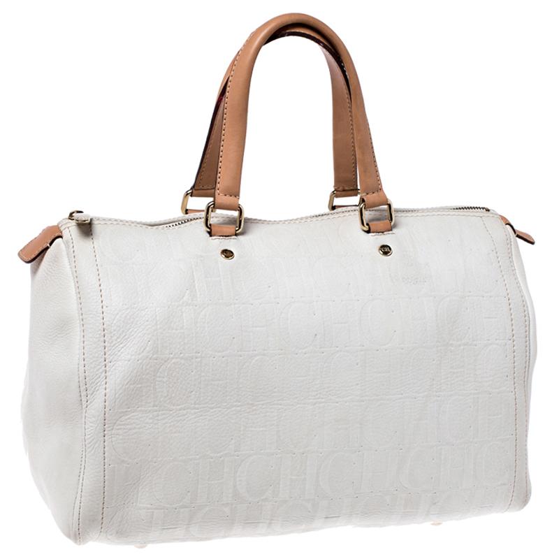 Carolina Herrera Cream/Tan Monogram Leather Large Andy Boston Bag In Good Condition In Dubai, Al Qouz 2