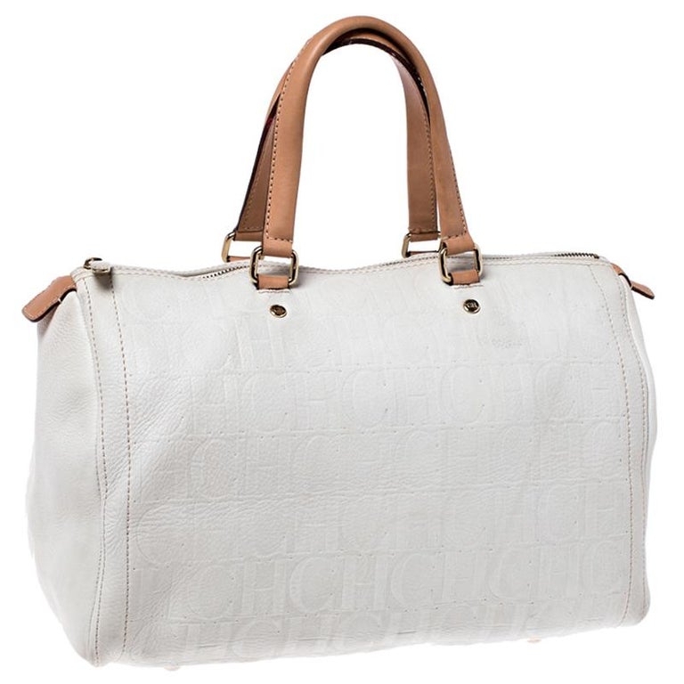 Carolina Herrera Cream/Tan Monogram Leather Large Andy Boston Bag For