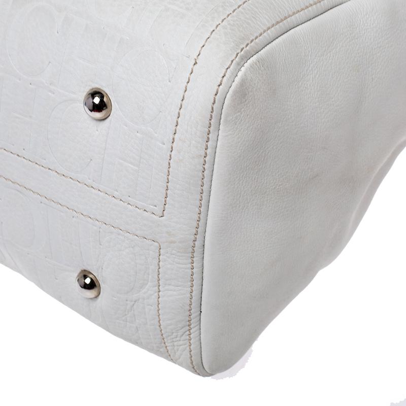 Carolina Herrera Cream/Tan Monogram Leather Large Andy Boston Bag 2