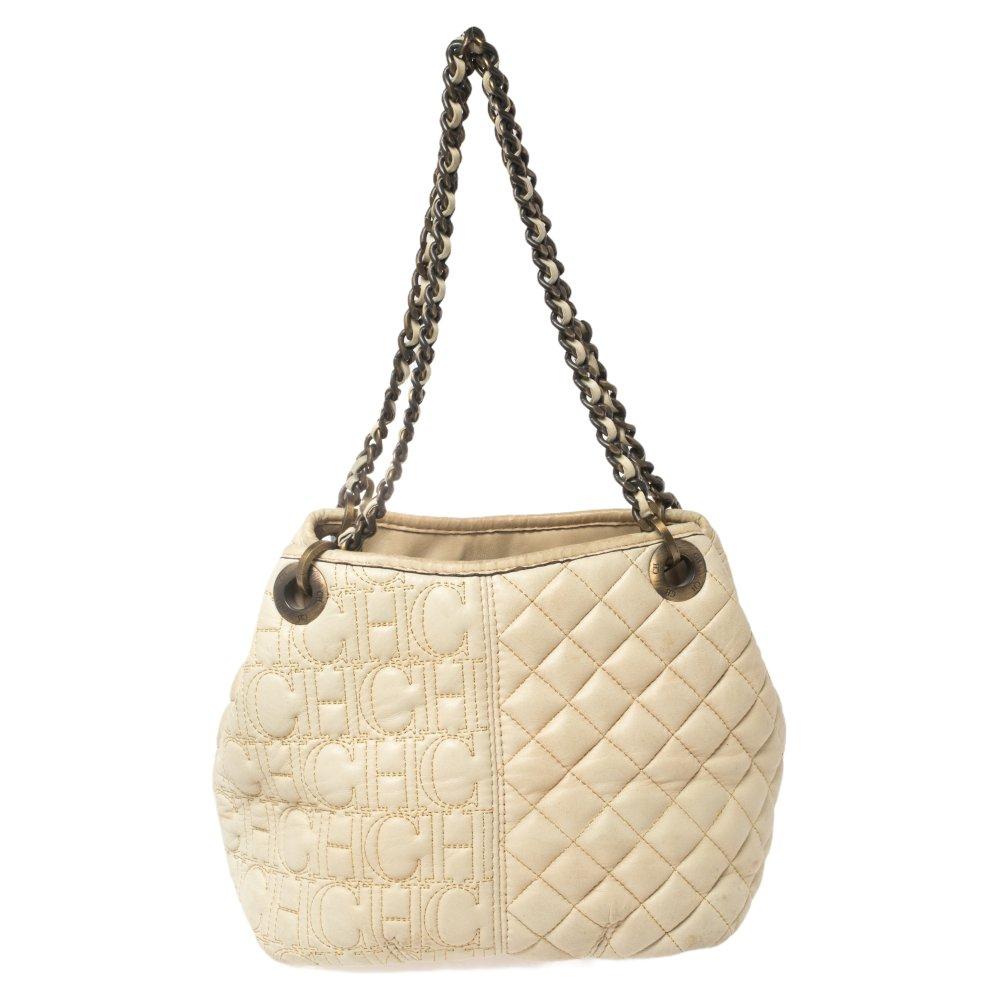 Carolina Herrera Cream White Quilted Monogram Leather Chain Tote