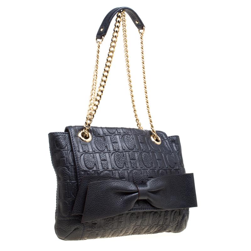 Black Carolina Herrera Dark Blue Monogram Leather Audrey Shoulder Bag