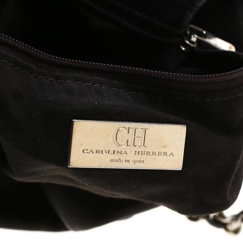 Carolina Herrera Dark Brown Monogram Embossed Leather Bow Bucket Shoulder Bag 5