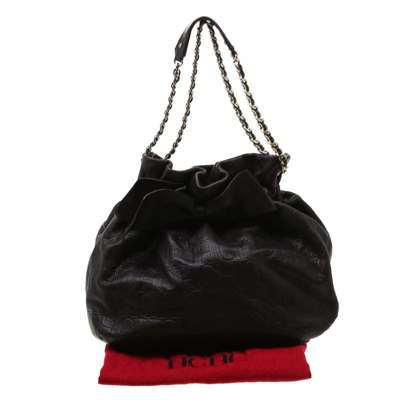 Carolina Herrera Dark Brown Monogram Embossed Leather Bow Bucket Shoulder Bag 6