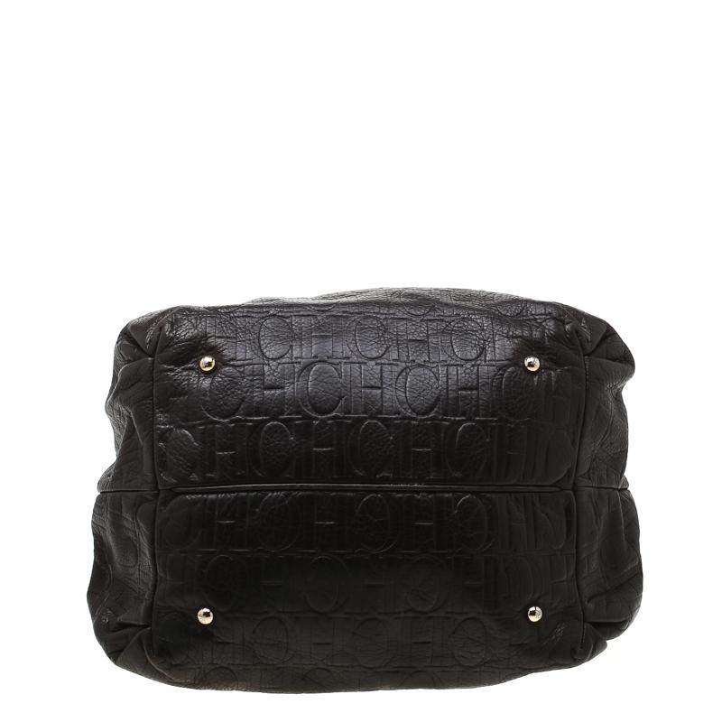 Women's Carolina Herrera Dark Brown Monogram Embossed Leather Bow Bucket Shoulder Bag