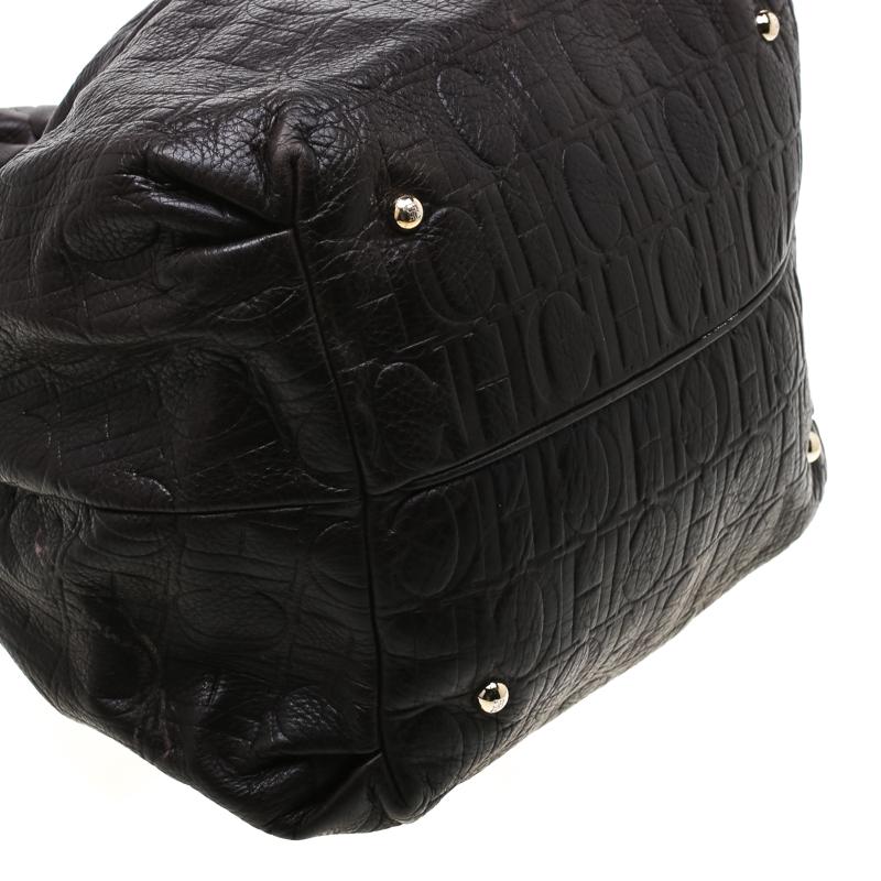 Carolina Herrera Dark Brown Monogram Embossed Leather Bow Bucket Shoulder Bag 1