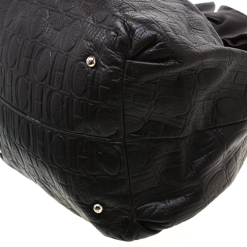 Carolina Herrera Dark Brown Monogram Embossed Leather Bow Bucket Shoulder Bag 2