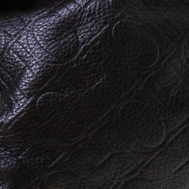 Carolina Herrera Dark Brown Monogram Embossed Leather Bow Bucket Shoulder Bag 3