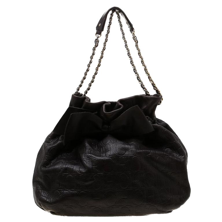 Carolina Herrera Dark Brown Monogram Embossed Leather Bow Bucket Shoulder Bag