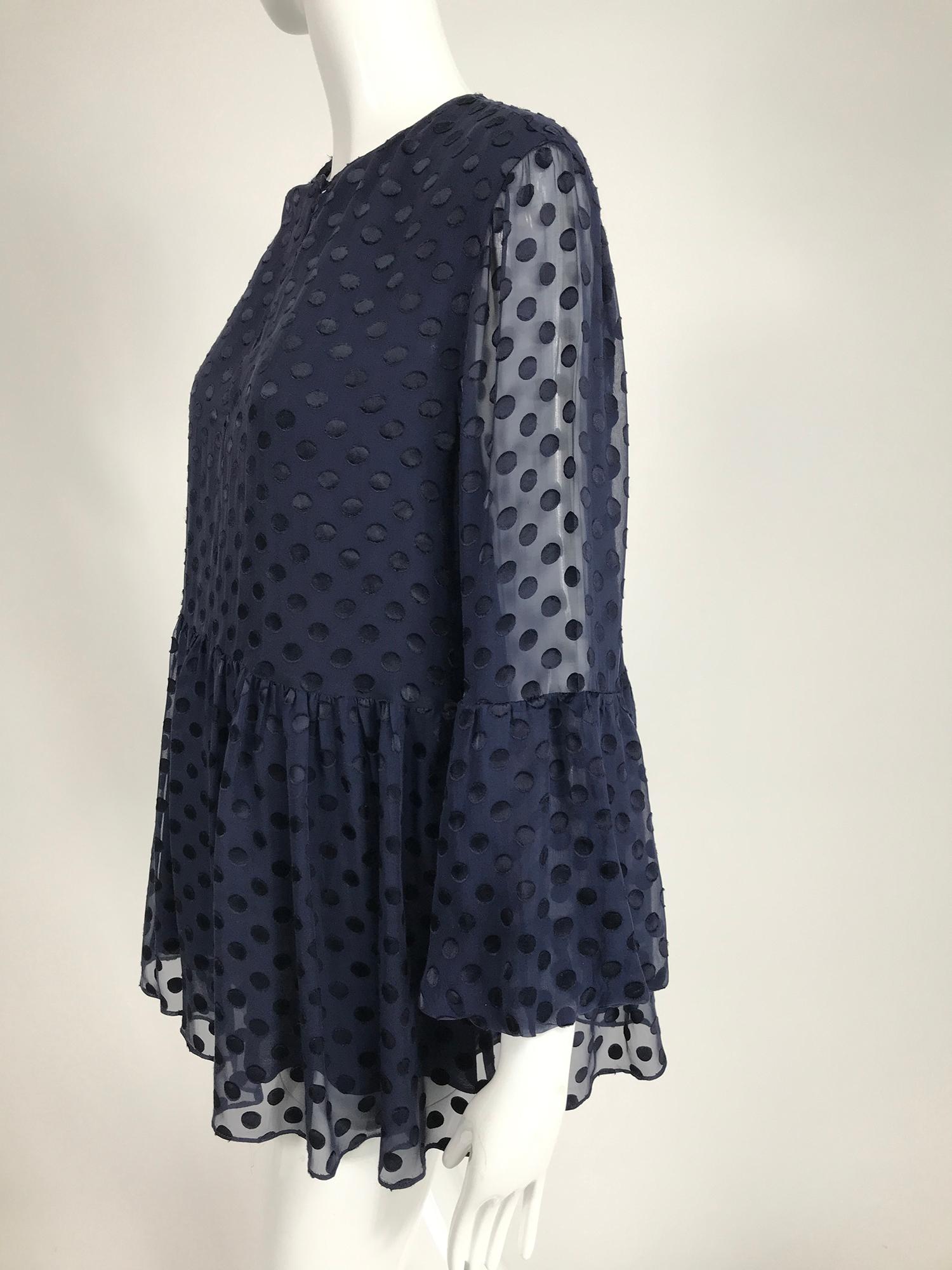 Carolina Herrera Dark Navy Dot Voided Velvet Ruffle Sleeve Top 3