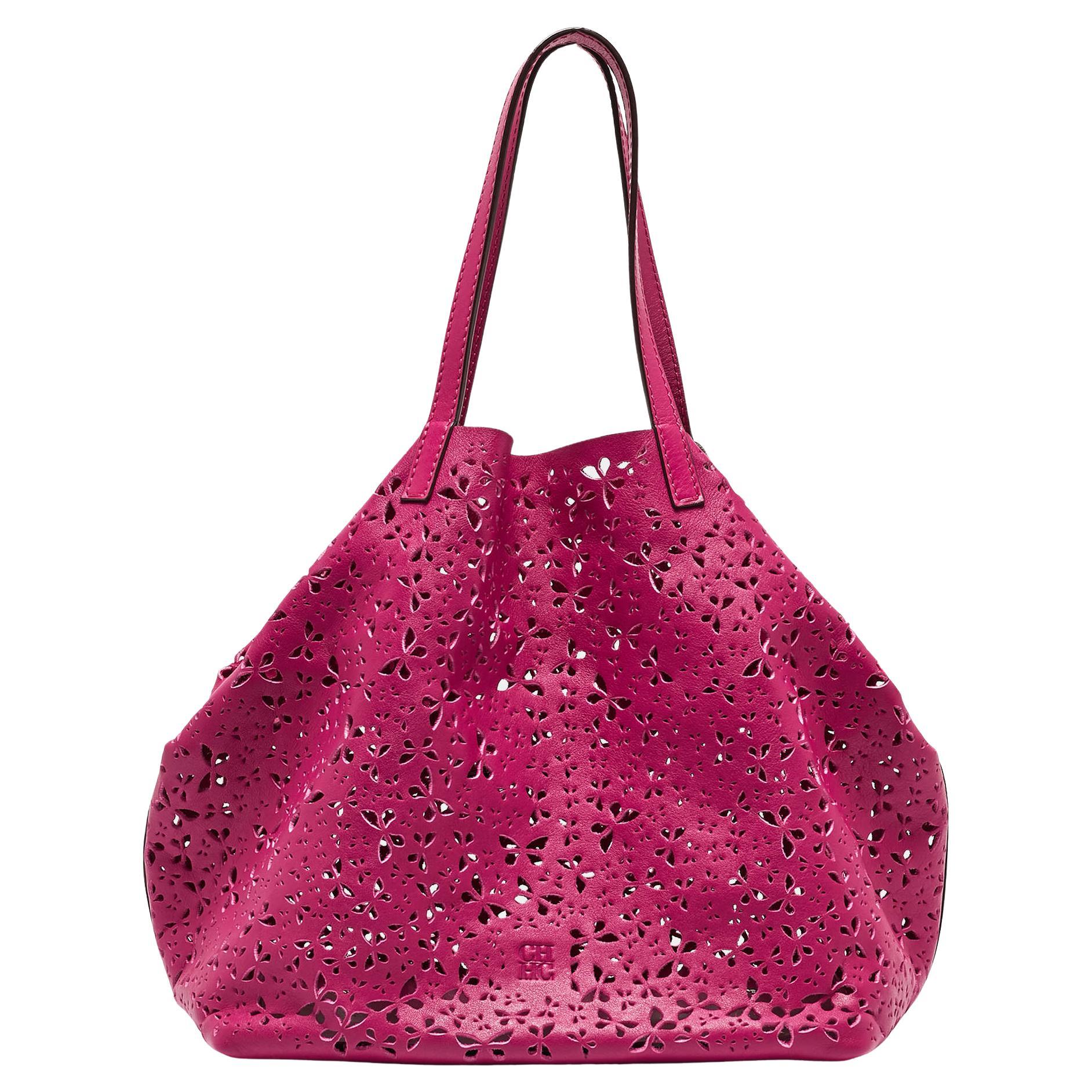 Carolina Herrera Fuchsia Butterfly Cut Leather Tote For Sale