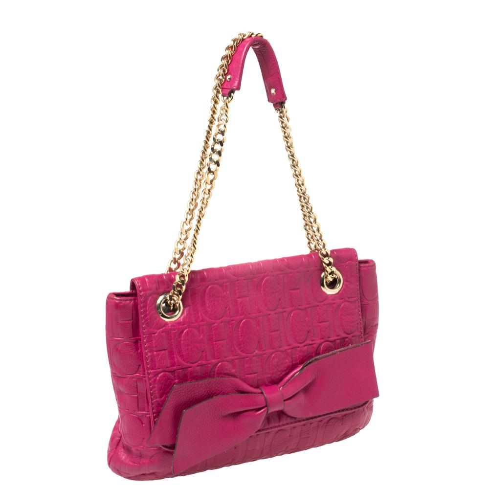 Pink Carolina Herrera Fuchsia Monogram Leather Audrey Shoulder Bag
