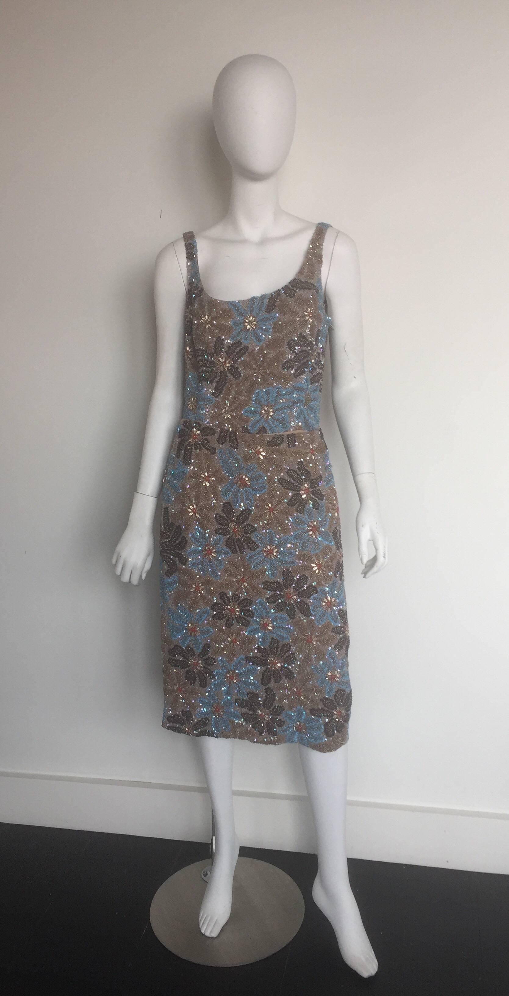Carolina Herrera gold and blue beaded floral top and skirt ensemble  For Sale 5