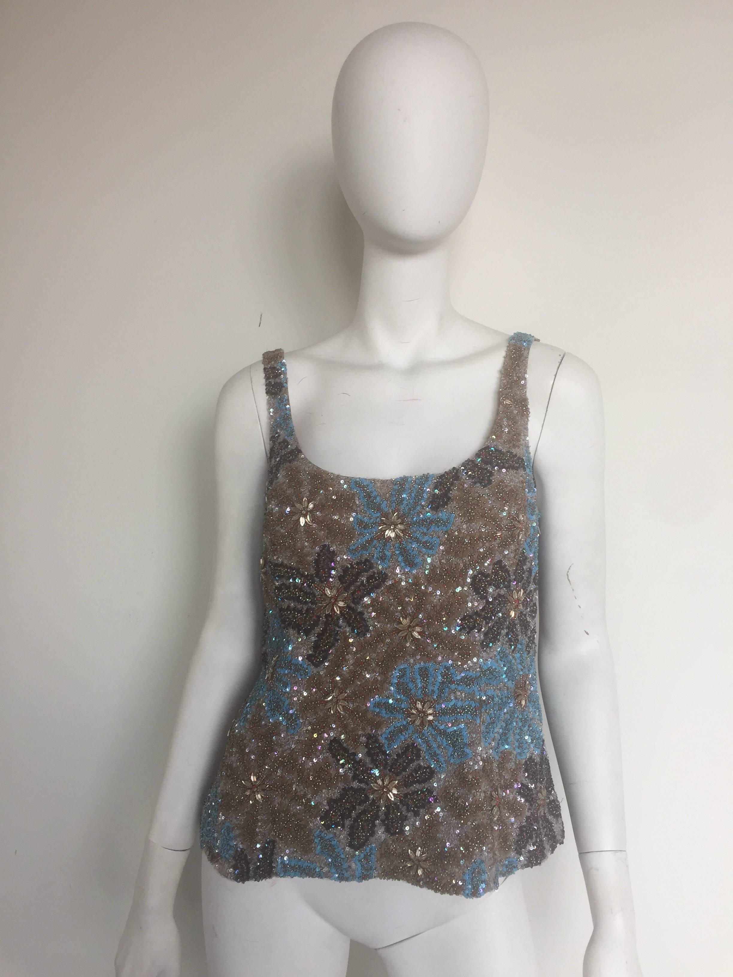 Carolina Herrera gold and blue beaded floral top and skirt ensemble  In Excellent Condition For Sale In New York, NY
