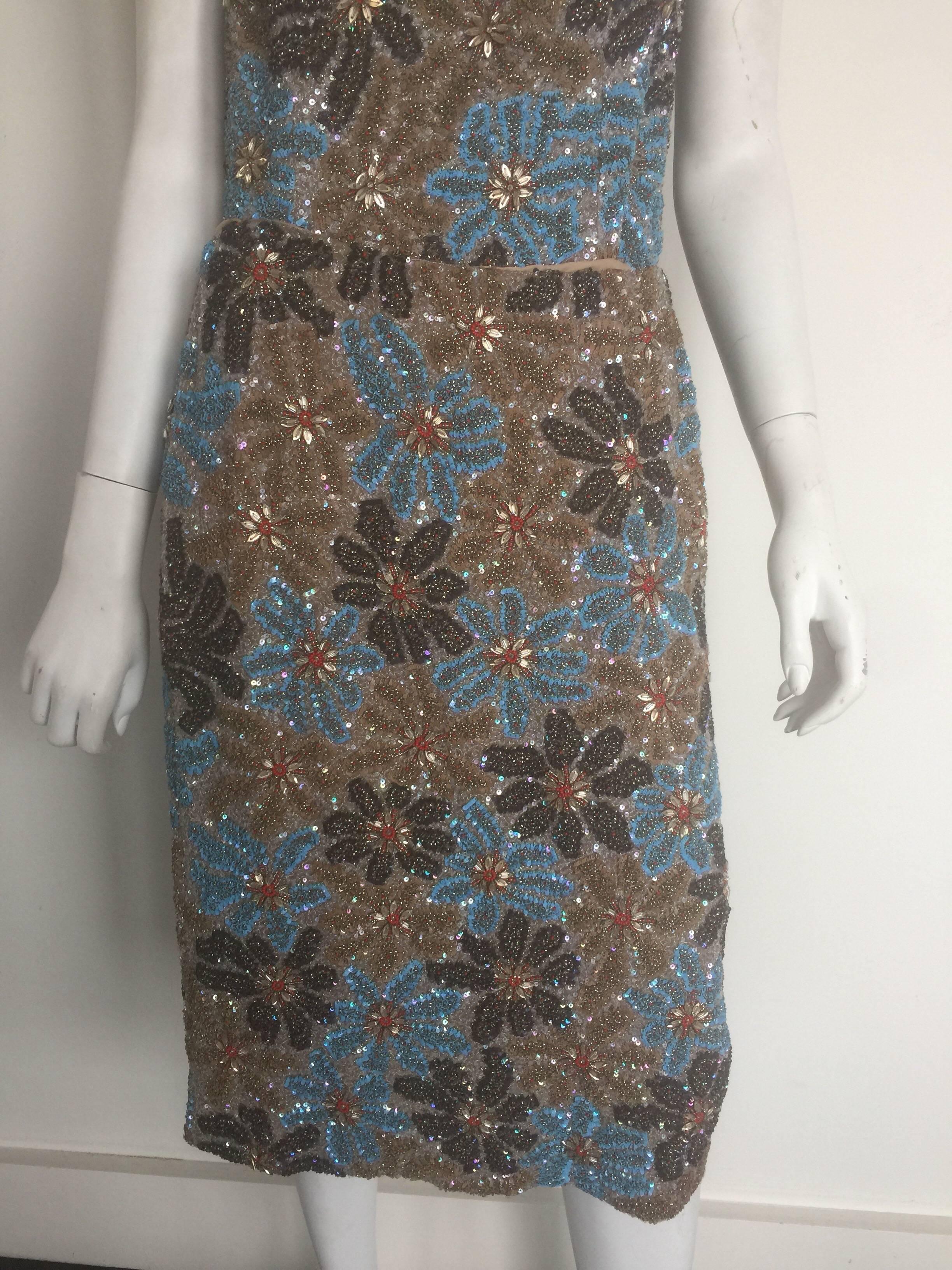 Women's or Men's Carolina Herrera gold and blue beaded floral top and skirt ensemble  For Sale