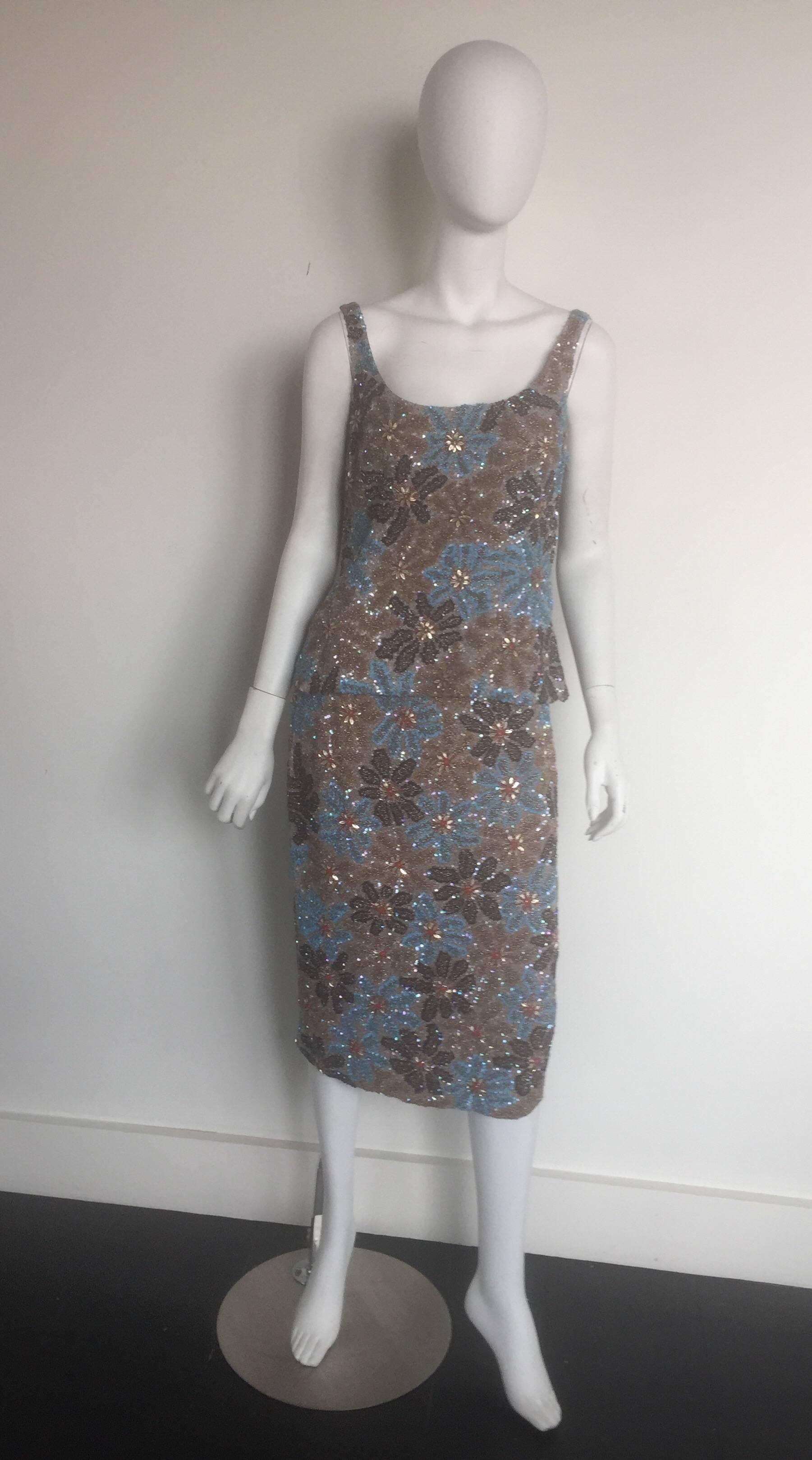 Carolina Herrera gold and blue beaded floral top and skirt ensemble  For Sale 2