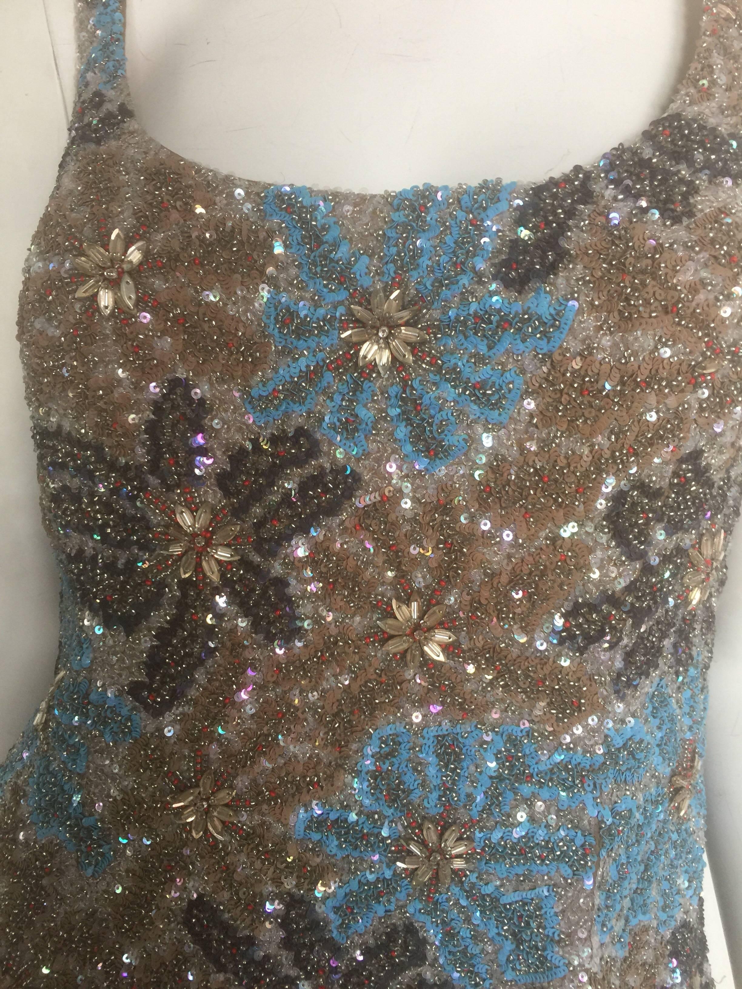 Carolina Herrera gold and blue beaded floral top and skirt ensemble  For Sale 4