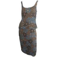 Carolina Herrera gold and blue beaded floral top and skirt ensemble
