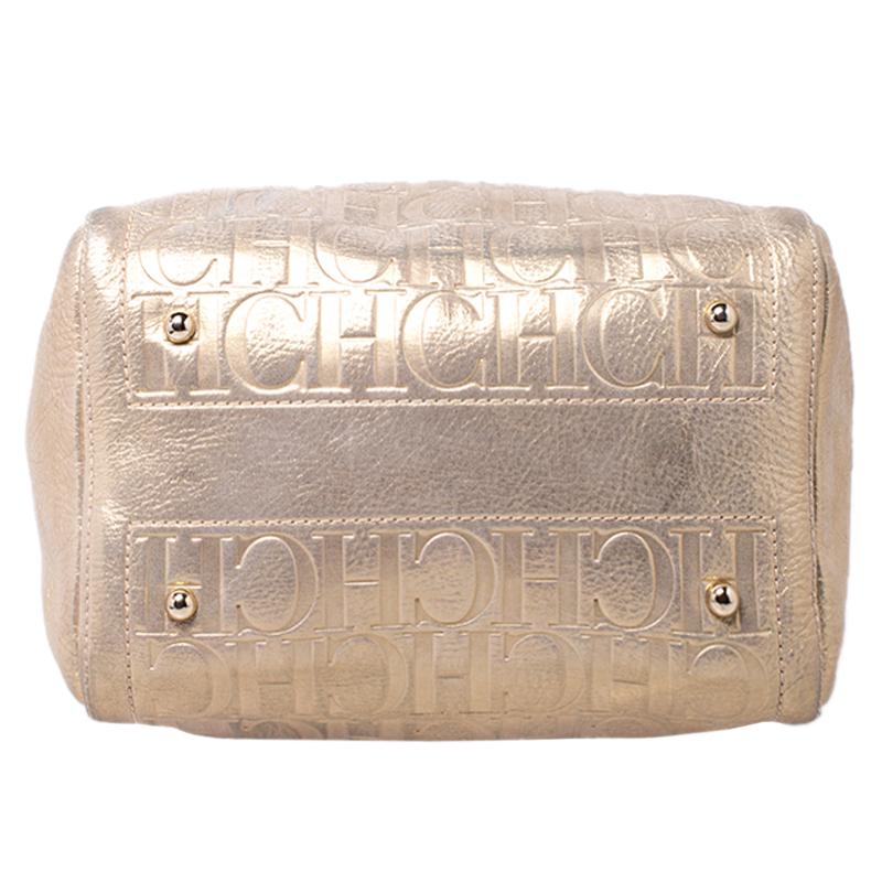 Carolina Herrera Gold Metallic Monogram Leather Andy Boston Bag 6