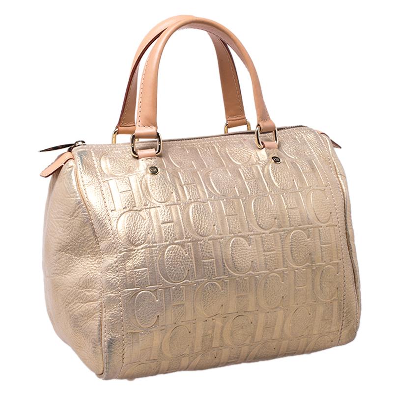 Carolina Herrera Gold Metallic Monogram Leather Andy Boston Bag In Good Condition In Dubai, Al Qouz 2