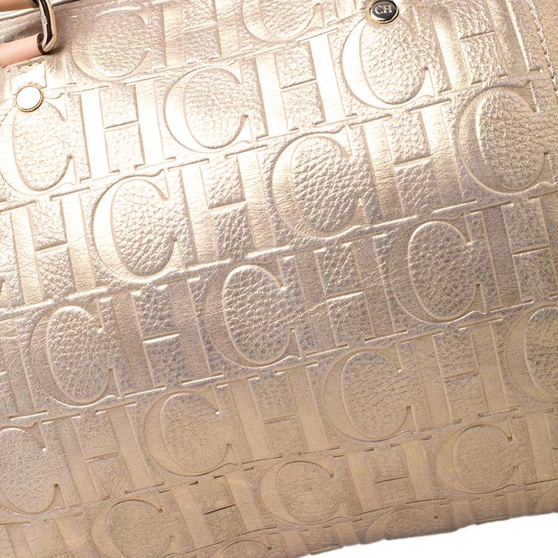 Carolina Herrera Gold Metallic Monogram Leather Andy Boston Bag 3