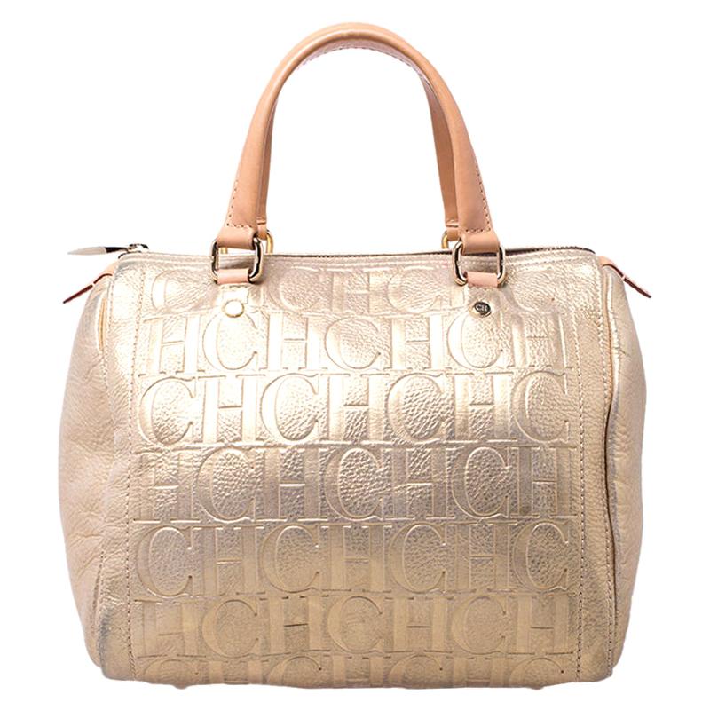 Carolina Herrera Gold Metallic Monogram Leather Andy Boston Bag