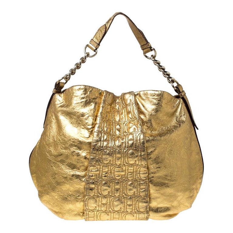 Carolina Herrera Gold Metallic Monogram Leather Chain Hobo For Sale at ...
