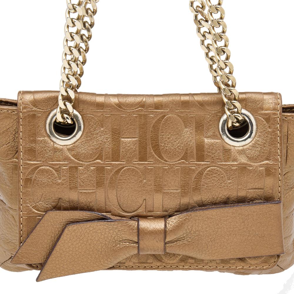 Carolina Herrera Gold Monogram Embossed Leather Audrey Bow Shoulder Bag In Good Condition In Dubai, Al Qouz 2