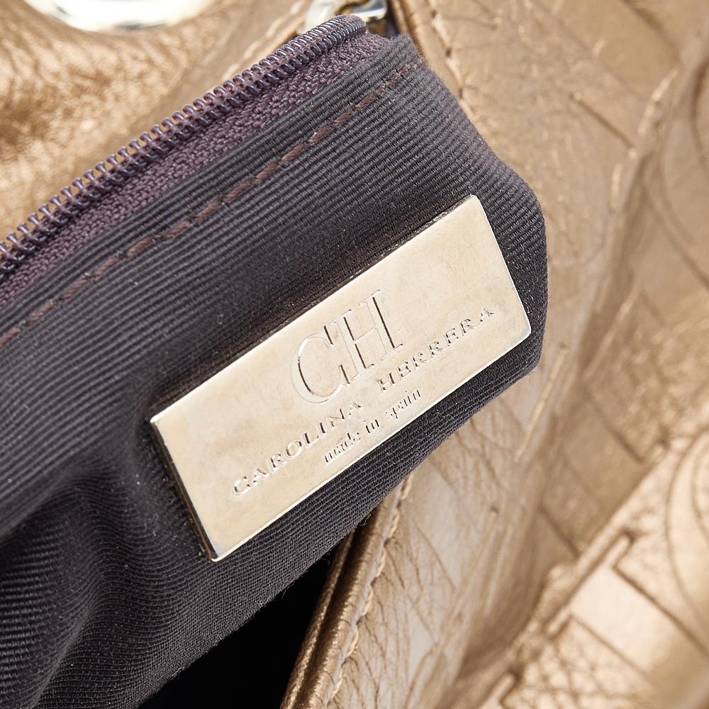 Carolina Herrera Gold Monogram Embossed Leather Audrey Bow Shoulder Bag 3