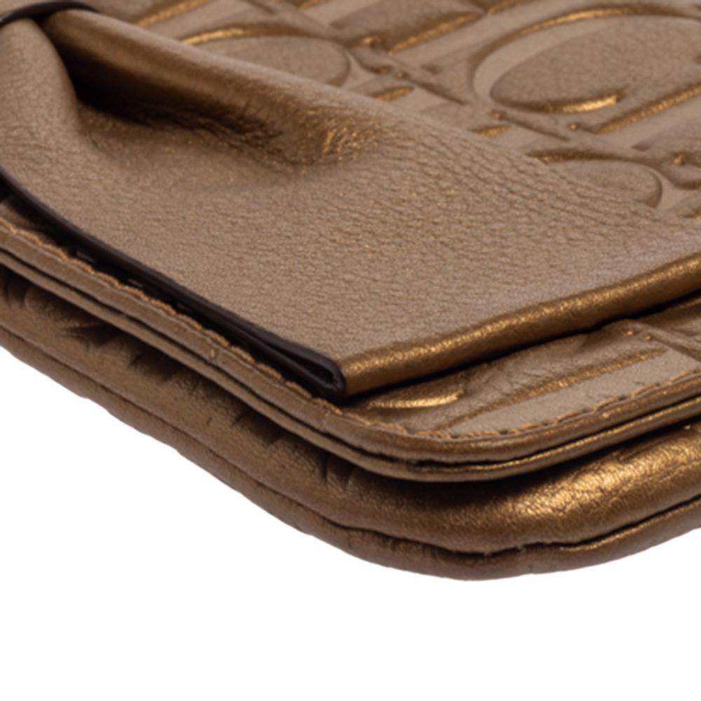 Carolina Herrera Gold Monogram Embossed Leather Bow Chain Clutch 7